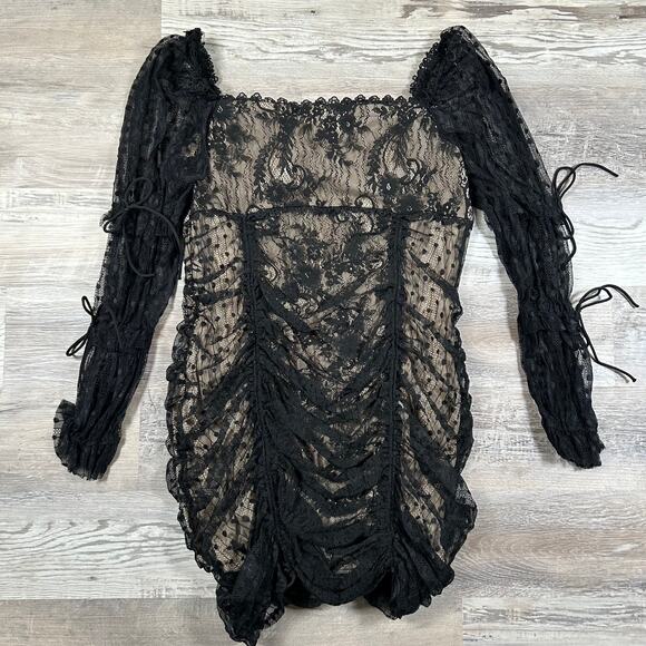 NWT L'atiste by Amy Black Nude Ruched Lace Mesh Long Sleeve Mini Dress- Size 1X - Picture 7 of 10